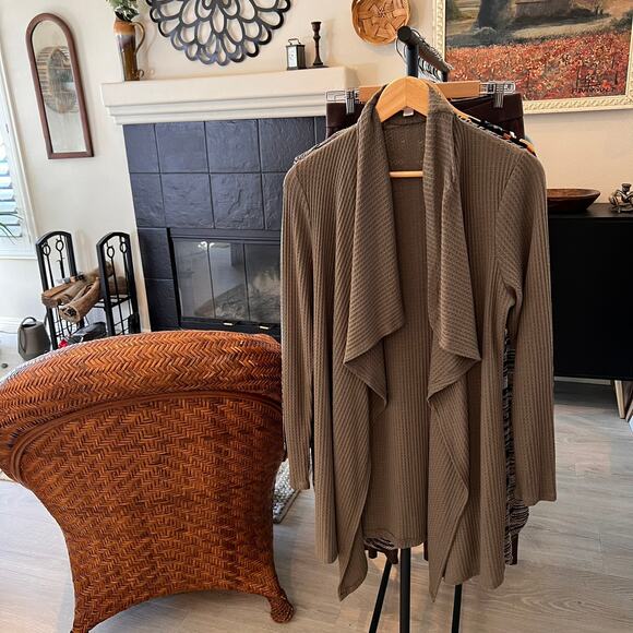 Knox Rose Cardigan Womens Size Large Olive Green Waffle Knit Open Lightweight - Picture 16 of 16